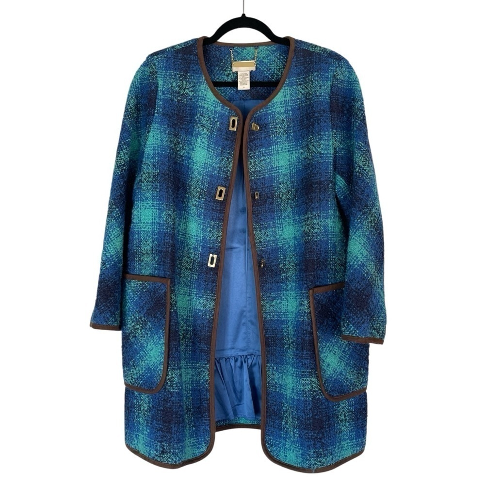 Soft Surroundings Coat Wool Blend Tweed Plaid Size Petite Medium Jacket Teal